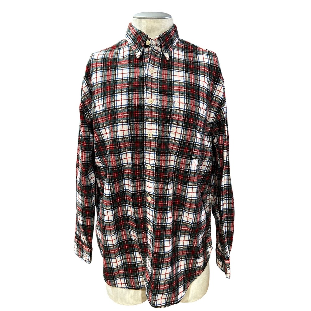 Thornton Bay Mens Large Plaid Flannel Shirt Red Green White Cotton Button Down